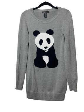 Sweater Project Panda Bear Tunic Sweater Gray Silver Metallic Sz Medium Sparkly